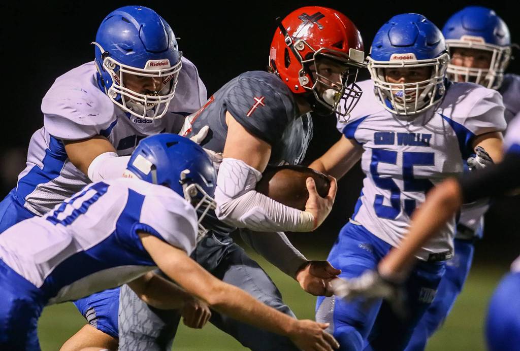 Archbishop Murphy advances over Sedro-Woolley, 23-6, Friday night at Archbishop Murphy High School in Everett on November 8, 2019. (Kevin Clark / The Herald)