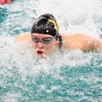Lake Stevens Aaliyha Fricke swims the third leg of the girls 200 yard medley relay of the 4A Girls Northwest District Championship on Nov. 9 at the Snohomish Aquatic Center. Lake Stevens won with a time of 1:52.86. (Katie Webber / The Herald)