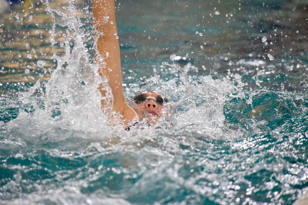 Jacksons Mia Chang swims in the girls 200 yard individual medley of the 4A Girls Northwest District Championship on Nov. 9 at the Snohomish Aquatic Center. Chang won with a time of 2:02.06. (Katie Webber / The Herald)