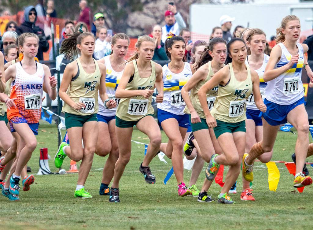 The Marysville Getchell girls (gold jerseys) made their first state appearance in program history and earned an eighth-place team finish. (TJ Mullinax/The Herald)