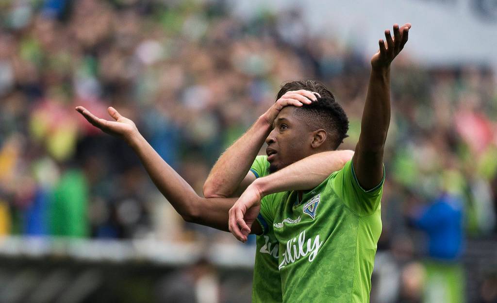 Sounders defender Kelvin Leerdam celebrates his goal as the Seattle Sounders beat Toronto FC 3-1 to win the MLS Cup at CenturyLink Field on Sunday, Nov. 10, 2019 in Seattle, Wash. (Andy Bronson / The Herald)