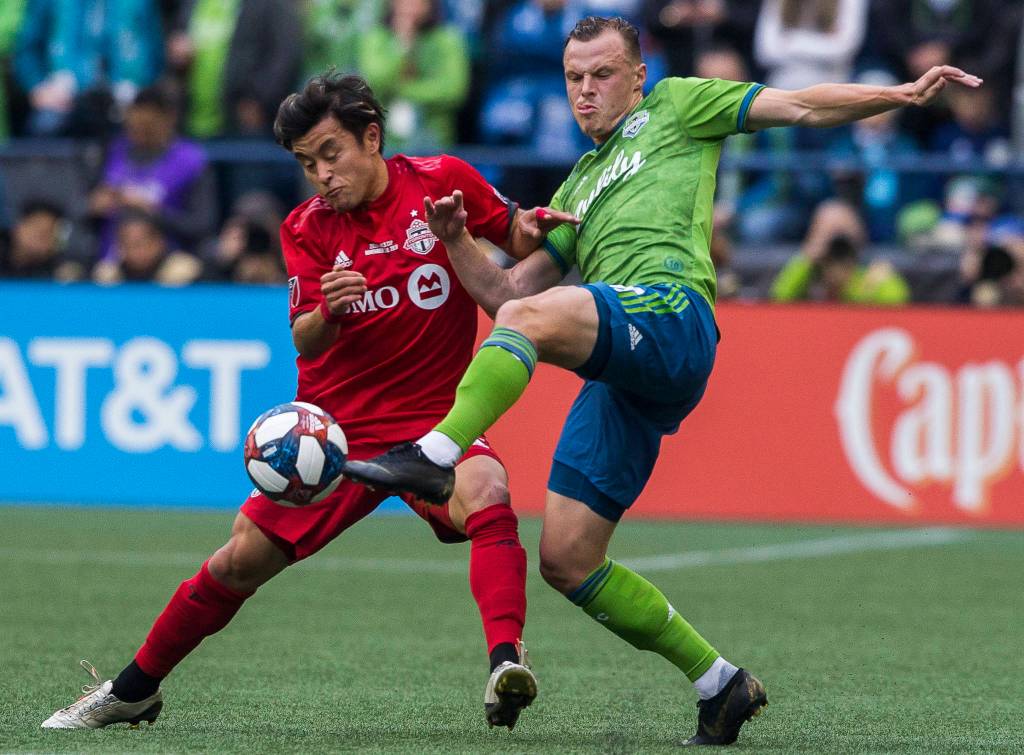 Sounders defender Brad Smith fights for the ball during the MLS Cup on Nov. 10, 2019 in Seattle, Wash. (Olivia Vanni / The Herald)
