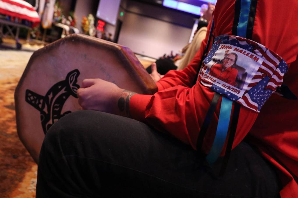 Armbands with a photo from Stan Jones Sr.s life were worn at his memorial and funeral for the Tulalip Tribes longest serving board member and chairman on Tuesday in Tulalip. (Andy Bronson / The Herald)