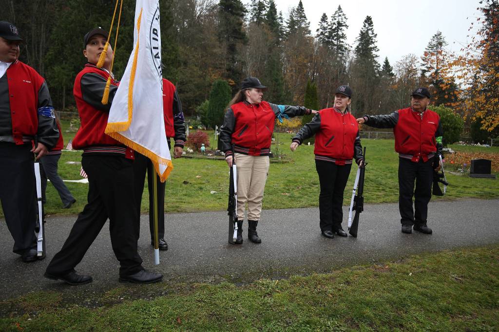 Tulalip Tribes Honor Guard members get ready for the funeral for the tribes longest serving board member and chairman Stan Jones Sr., on Tuesday. (Andy Bronson / The Herald)