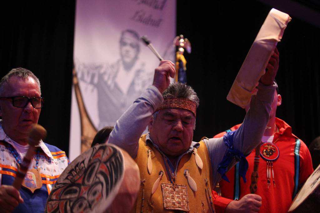 Tribal members remembered Stan Jones Sr. with drumming and stories of his legacy at a memorial in the Orca Ballroom at the Tulalip Casino Resort Tuesday. Jones, 93, died Nov. 5. (Andy Bronson / The Herald)