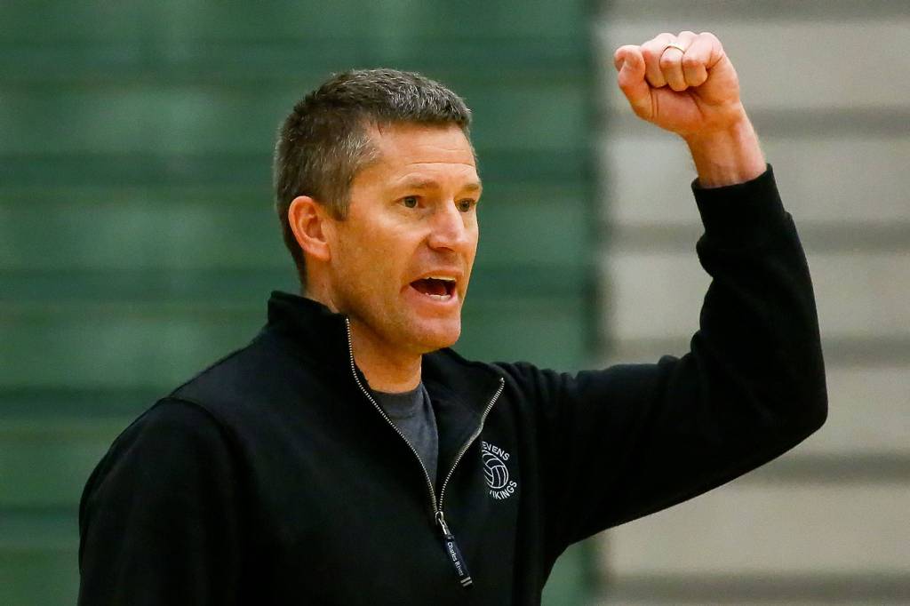 Lake Stevens Kyle Hoglund celebrates the action on the court against Mount Si Tuesday evening at Henry M. Jackson High School Mill Creek on November 12, 2019. The Vikings won in straight sets. (Kevin Clark / The Herald)