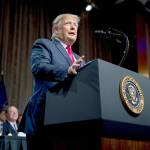 President Donald Trump speaks Tuesday at the Economic Club of New York at the New York Hilton Midtown. (AP Photo/Andrew Harnik)