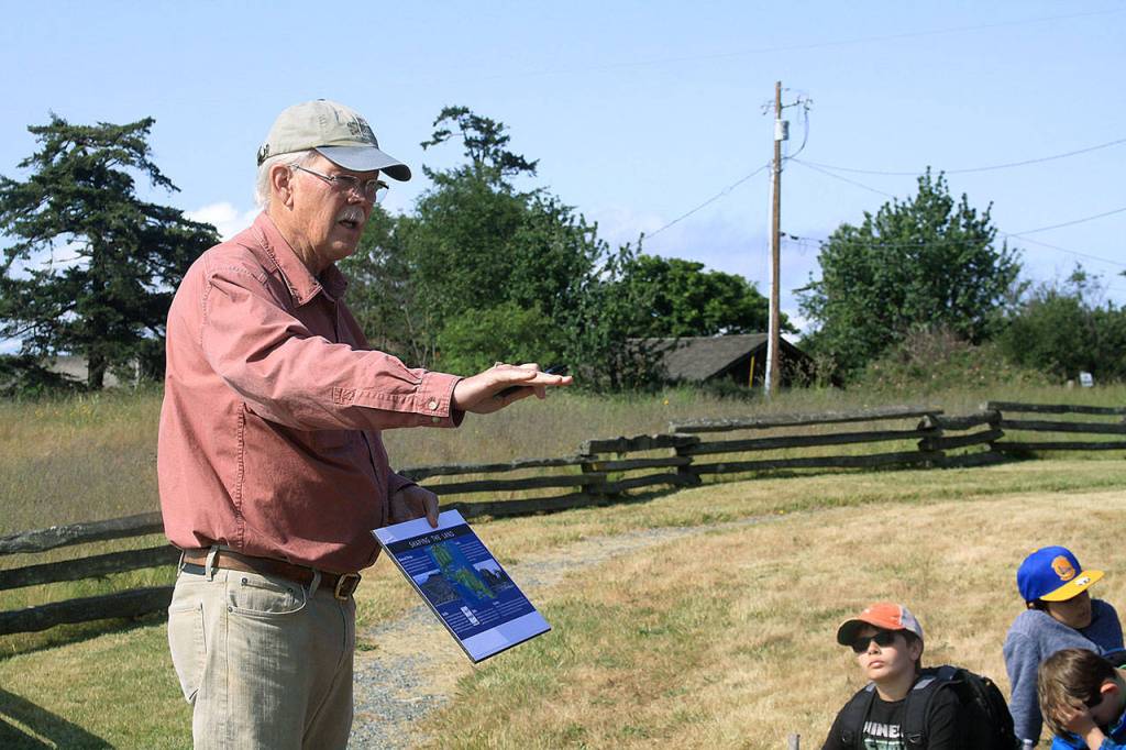 Grant Heiken speaks about geology at a Land Trust event (Whidbey Camano Land Trust)