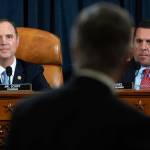 House Intelligence Committee Chairman Rep. Adam Schiff, D-California, (left) and ranking member Rep. Devin Nunes, R-California, watch as yop U.S. diplomat in Ukraine William Taylor leaves after testifying at a hearing of the House Intelligence Committee on Capitol Hill in Washington, Wednesday, during the first public impeachment hearing of President Trumps efforts to tie U.S. aid for Ukraine to investigations of his political opponents. (Saul Loeb / Pool Photo)