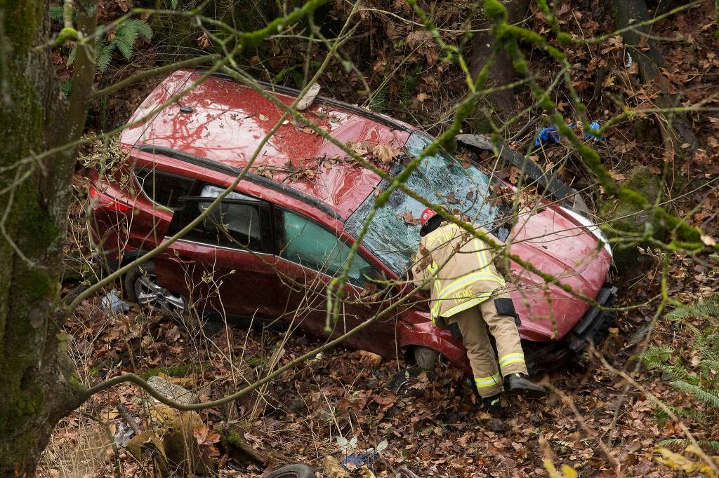 A Snohomish County firefighter peers into a vehicle after the driver crashed the car into a ravine. (Andy Bronson / The Herald)