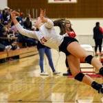 Snohomishs Lauren Riske makes a dive against Oak Harbor Thursday evening at Marysville-Pilchuck High School on November 14, 2019. Snohomish won in straight sets. (Kevin Clark / The Herald)