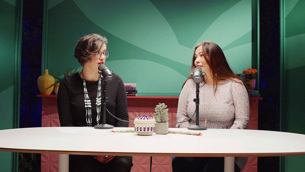 Adrienne Keene, left, and Matika Wilbur record one of their recent All My Relations podcasts. (All My Relations)