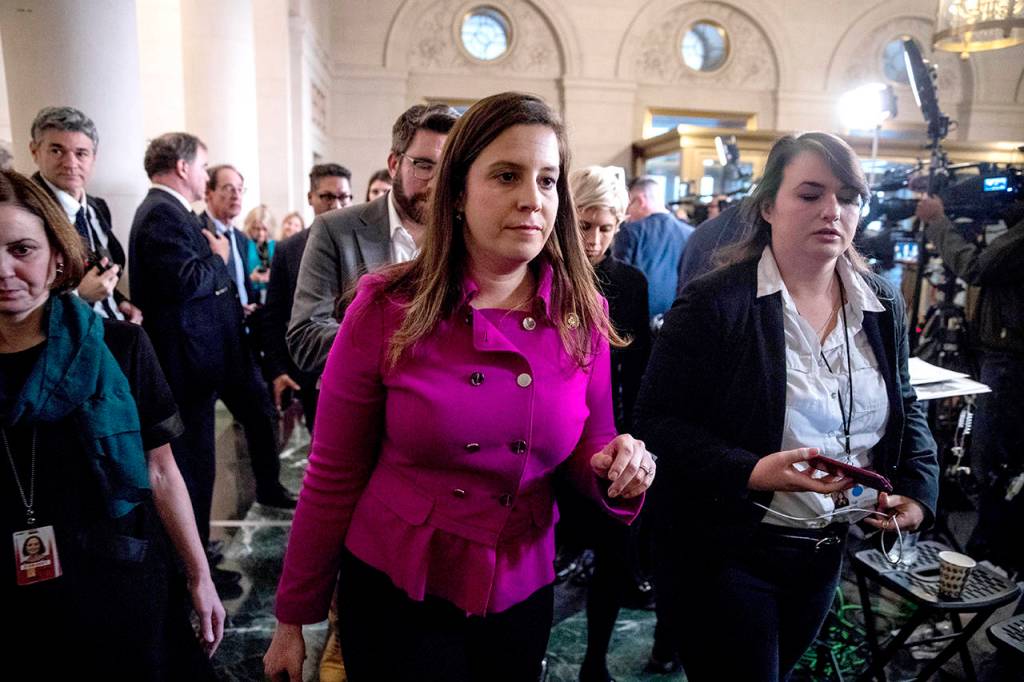 Rep. Elise Stefanik, R-N.Y., departs after speaking to members of the media following testimony from former U.S. Ambassador to Ukraine Marie Yovanovitch before the House Intelligence Committee on Capitol Hill in Washington on Friday. (AP Photo/Andrew Harnik)