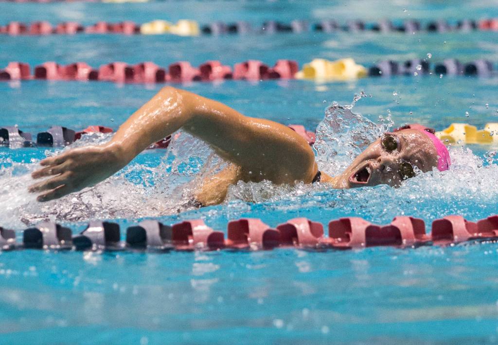 Kamiaks Eli Straume competes in the 200 yard freestyle during the 2019 4A Girls State Swim and Dive Championship on Nov. 16, 2019 in Federal Way, Wash. (Olivia Vanni / The Herald)