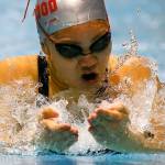 Stanwoods Jetlynn Hau competes in the 100 yard breaststroke finishing first Saturday evening during the 3A Girls Swim & Dive Championship at King County Aquatics Center in Federal Way on November 16, 2019. (Kevin Clark / The Herald)