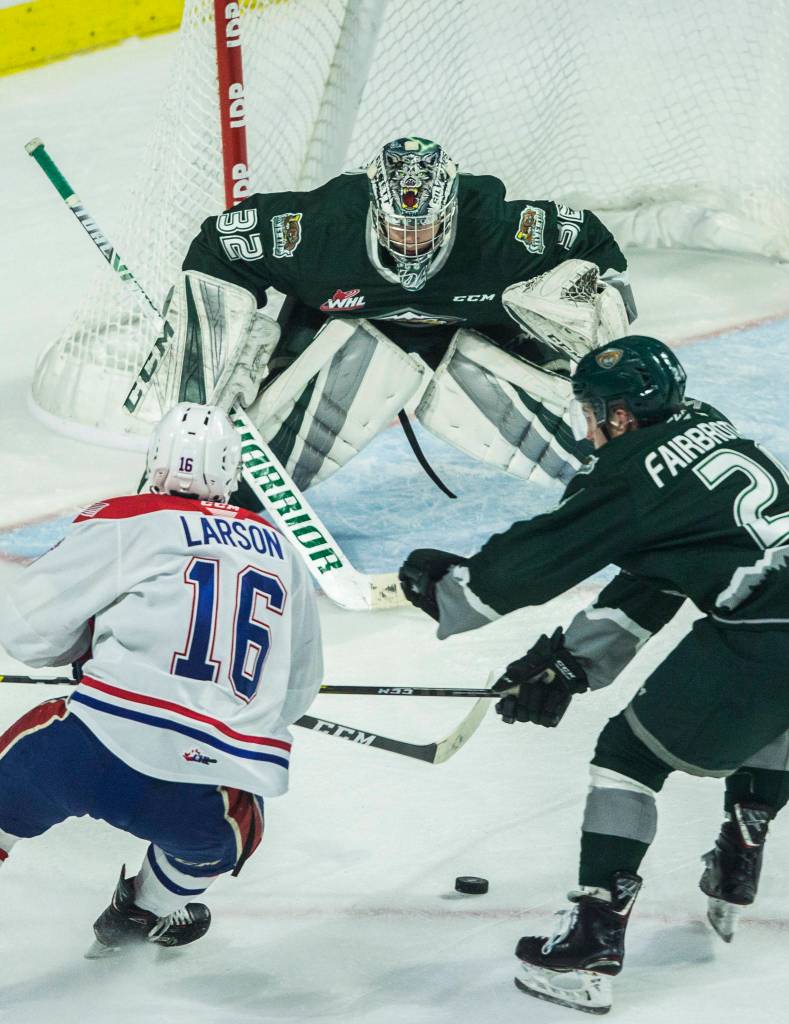 Silvertips goalie Dustin Wolf prepares to block a shot during the game against the Spokane Chiefs on Nov. 17, 2019 in Everett, Wash. (Olivia Vanni / The Herald)