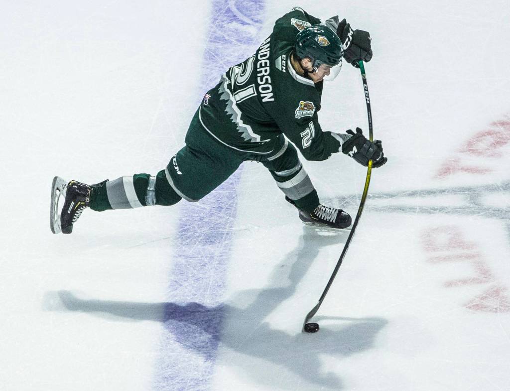 Silvertips Dylan Anderson takes a shot during the game against the Spokane Chiefs on Nov. 17, 2019 in Everett, Wash. (Olivia Vanni / The Herald)
