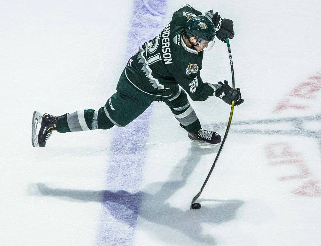 Silvertips Dylan Anderson takes a shot during the game against the Spokane Chiefs on Nov. 17, 2019 in Everett, Wash. (Olivia Vanni / The Herald)