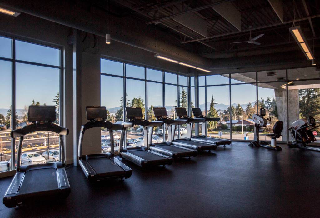 A view of the Cascade Range seen from the second level gym at the new Everett YMCA (Olivia Vanni / The Herald)