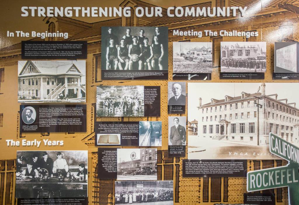 A wall of Everett history at the citys new YMCA (Olivia Vanni / The Herald)