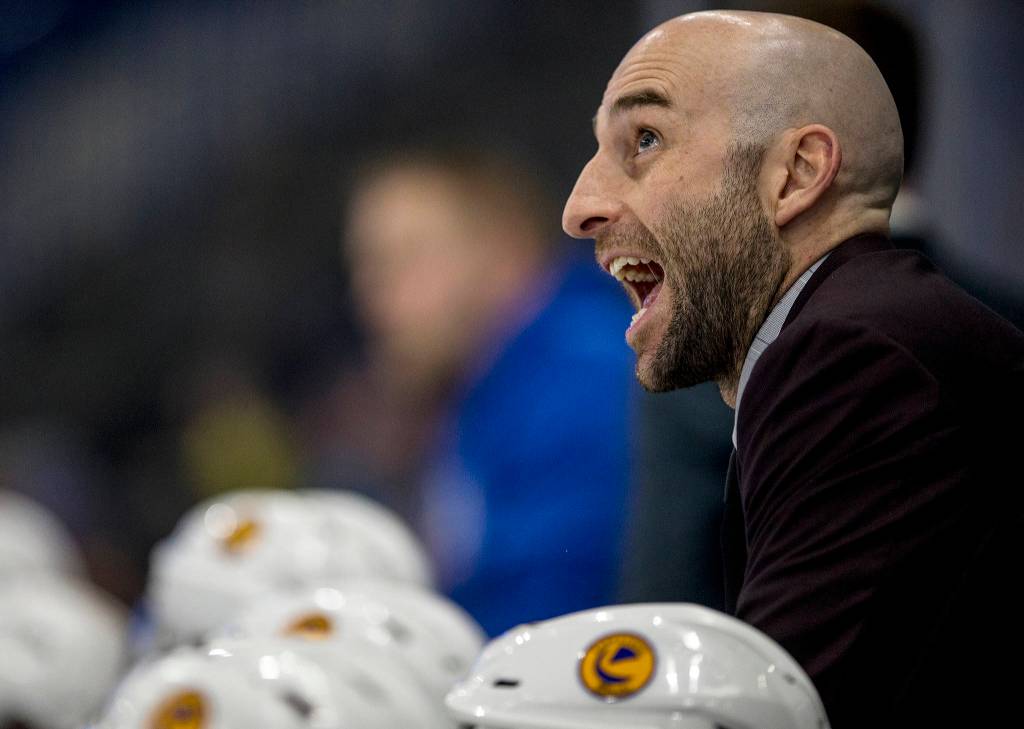 Saskatoon Blades head coach Mitch Love looks on as his team takes on the Moose Jaw Warriors during first period WHL playoff action at SaskTel Centre in Saskatoon on March 22, 2019. (Saskatoon StarPhoenix/Liam Richards)