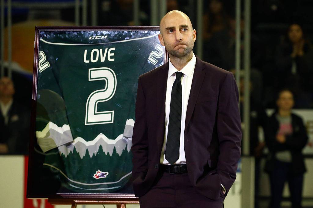 Mitch Love, former Silvertip and current Saskatoon Blades head coach, has his jersey retired Friday evening at Angel of the Winds Arena in Everett on November 22, 2019. (Kevin Clark / The Herald)