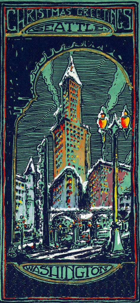 This relief print with hand coloring, Greetings from Seattle, was made in 1925 by Orre Nelson Nobles with assistance from his students at Ballard High School. It featured on the Cascadia Art Museums poster for the annual holiday card exhibit. Nobles work also is featured in the museums The Lavender Palette: Gay Culture and the Art of Washington State exhibit.