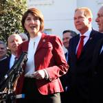 Rep. Cathy McMorris Rodgers, together with Rep. Kevin Brady (left), Rep. Steve Scalise (right), Rep. Vern Buchanan (second from right), and other Republican members of Congress, speaks to reporters outside the West Wing of the White House following a meeting with President Donald Trump on March 26. (AP Photo/Manuel Balce Ceneta, file)