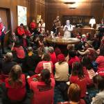 Demonstrators against a proposed liquid-natural gas pipeline and export terminal in Oregon sit in in the governors office in the Oregon State Capitol on Thursday to demand Democratic Gov. Kate Brown stand against the proposal. (AP Photo/Andrew Selsky)