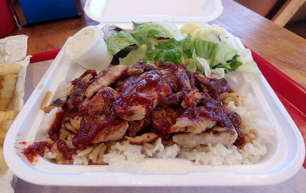 The Spicy Chicken teriyaki at Burger Mill is made with breast meat and comes with a side salad. It costs $9.99. (Sara Bruestle/The Herald)