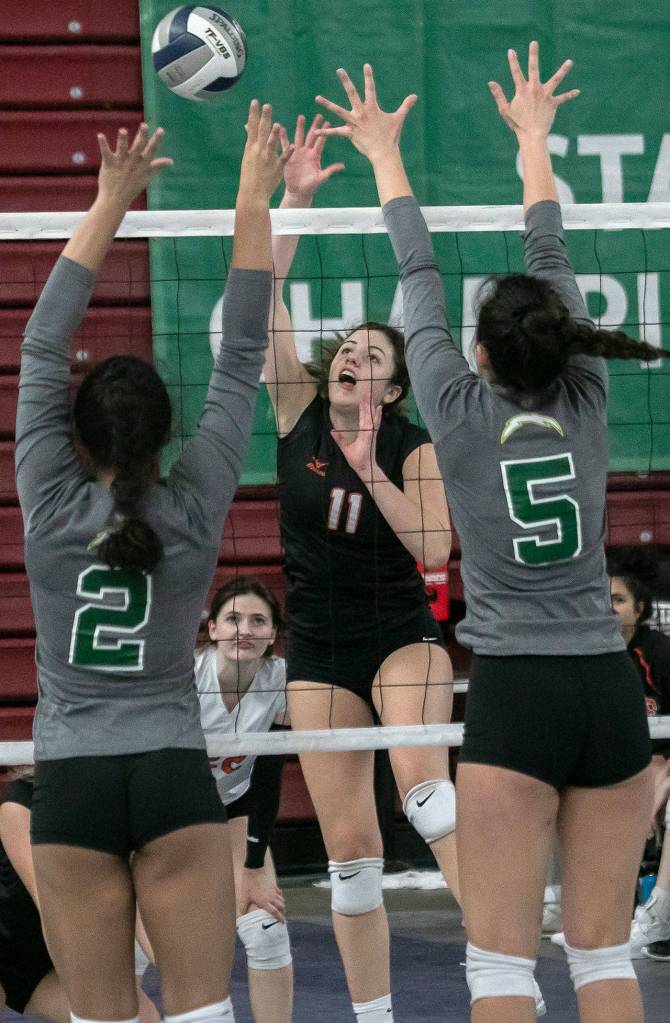 Monroes Avery Davidson (11) hits over Kentridges Desiray Bowen (2) and Austin Ibale (5) during the WIAA State Volleyball tournament finals Nov. 17, 2018, at the SunDome in Yakima. (TJ Mullinax / For The Herald)