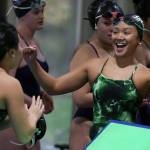 Jacksons Heidi Ly (right) celebrates with teammate and anchor Mia Chang after finishing first the 400 yard freestyle relay against Kamiak Thursday afternoon at West Coast Aquatics in Mill Creek on October 24, 2019. Jackson clinches the WESCO South title. (Kevin Clark / The Herald)