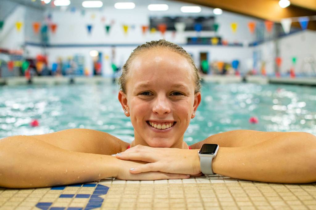 Shorecrest senior Paige Moss after an October 16 practice at Shoreline Pool. (Katie Webber / The Herald)