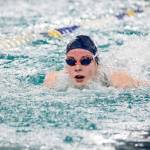 Glacier Peaks Macy Fidler swims in the girls 100 yard butterfly of the 4A Girls Northwest District Championship on Nov. 9 at the Snohomish Aquatic Center. Fidler won with a time of 57.48. (Katie Webber / The Herald)