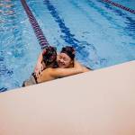 Stanwoods Jetlynn Hau hugs Snohomishs Mieko Schwartzmiller after their 100 yard breaststroke race during the WIAA 2018 State Swim & Dive Championships on Saturday, Nov. 10, 2018 in Federal Way, Wa. (Olivia Vanni / The Herald)