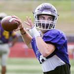 Lake Stevens High football quarterback Tanner Jellison looks for a receiver during practice on Thursday, Aug. 29, 2019 in Lake Stevens, Wash. (Andy Bronson / The Herald)