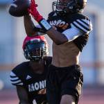 J.R. Little makes a catch during football practice at Monroe High School on Wednesday, Aug. 28, 2019 in Monroe, Wash. (Olivia Vanni / The Herald)