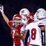 Marysville-Pilchucks Kyle Nyblod celebrates a fumble recovery against Snohomish during the Wesco 3A Championship Friday evening at Quil Ceda Stadium on November 1, 2019. Marysville-Pilchuck led 35-3 at halftime. (Kevin Clark / The Herald)