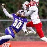 Mount Sis Andrew Mostofi makes a touchdown reception over Lake Stevens Drew Carter Saturday afternoon at Lake Stevens High School on November 23, 2019. Lake Stevens lost to Mount Si, 24-22, ending their state championship run. (Kevin Clark / The Herald)