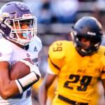 Lake Stevens Kasen Kinchen races to the end zone for a touchdown with Lincolns Amarian Culpepper giving chase Friday night at Lincoln Bowl in Tacoma on September 13, 2019. Lake Stevens won 35-26. (Kevin Clark / The Herald)