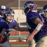 Logan Bruce-Jones (left) and Austyn Rembold-Hyde (right) runs through drills Wednesday afternoon during practice at Lake Stevens on November 7, 2018. (Kevin Clark / The Herald)