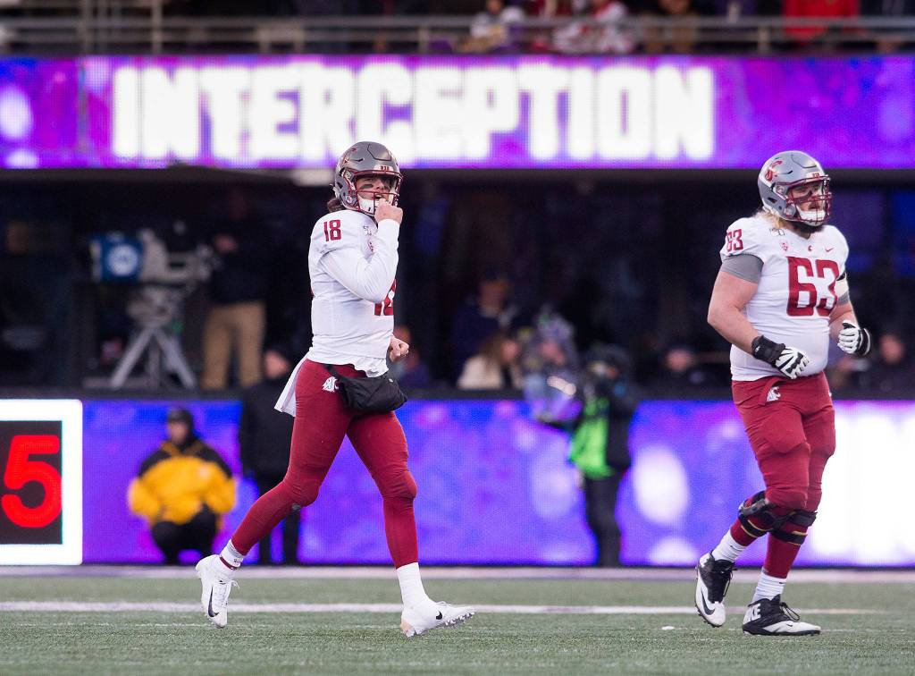 Washington State Cougars quarterback Anthony Gordon (18) reacts after throwing an interception as the Washington State University Cougars lost 31-13 to the University of Washington Huskies in the 112th Apple Cup at Husky Stadium on Friday, Nov. 29, 2019 in Seattle, Wash. (Andy Bronson / The Herald)
