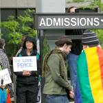 Counter-protesters gather during a protest by a conservative group June 15, 2017, at The Evergreen State College in Olympia. (AP Photo/Ted S. Warren)