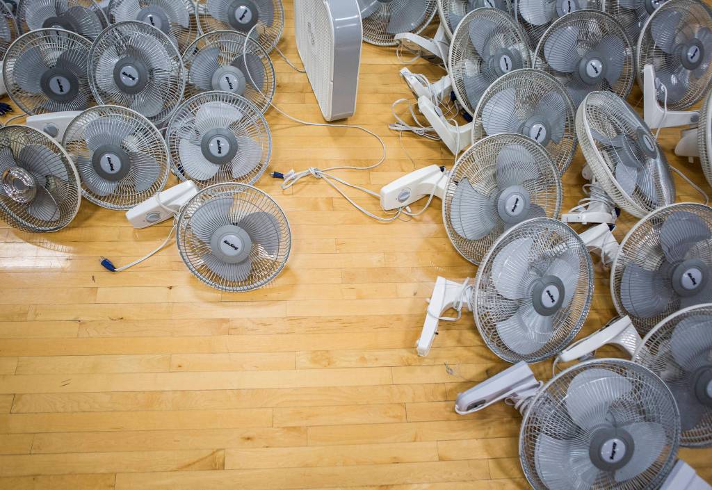 A large handful of fans cover the floor at the Everett Family Branch YMCA. (Olivia Vanni / The Herald)