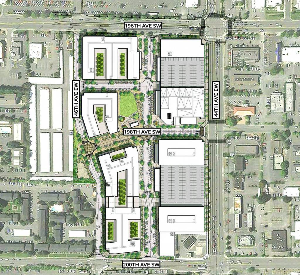 A site map of the proposed Northline Village development in Lynnwood. It is just north of the planned Sound Transit Link light rail station. (Merlone Geier Partners)