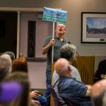 Doug Crawford explains a diagram he drew to illustrate the potential traffic back up from a Costco being built during the Lake Stevens City Council meeting on Tuesday. (Olivia Vanni / The Herald)