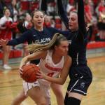 Snohomishs Kinslee Gallatin is defended by Glacier Peaks Maya Erling and Madison Rubino in the Grizzlies 50-39 victory over rival Snohomish in a non-league girls basketball game on Monday, Dec. 9, 2019 in Snohomish, Wash. (Andy Bronson / The Herald)