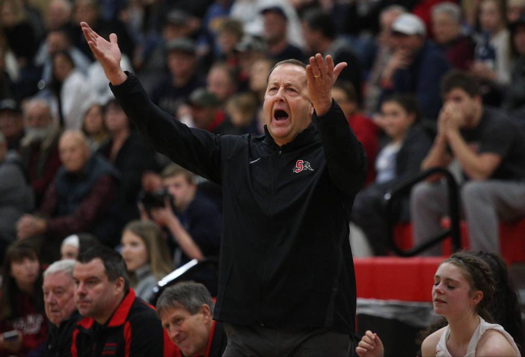Snohomish head coach Ken Roberts reacts to a foul call in Snohomishs 50-39 loss to rival Glacier Peak in a non-league girls basketball game on Monday, Dec. 9, 2019 in Snohomish, Wash. (Andy Bronson / The Herald)
