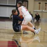 Glacier Peaks Malia Smith and Snohomishs Cheyenne Rodgers battle for the ball as Glacier Peak topped rival Snohomish 50-39 in a non-league girls basketball game on Monday, Dec. 9, 2019 in Snohomish, Wash. (Andy Bronson / The Herald)