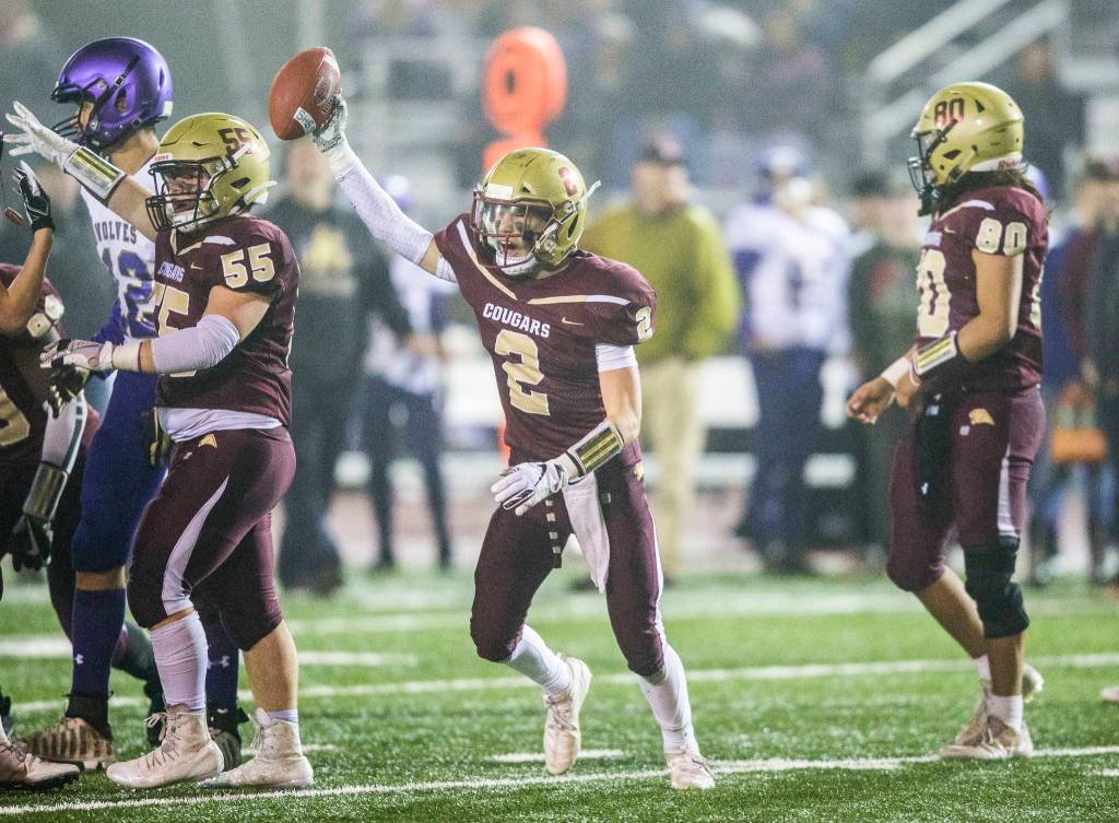 Defensive back Carson Chrisman celebrates after recovering a fumble. (Olivia Vanni / The Herald)
